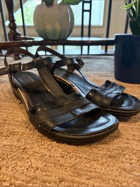 Ecco Black T-Strap Sandals with Adjustable Ankle Strap